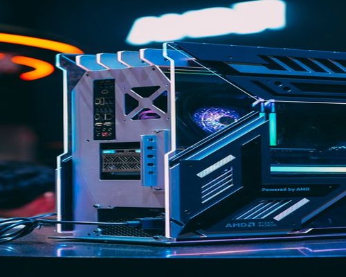 Gaming exhibition hardware setup with neon lighting